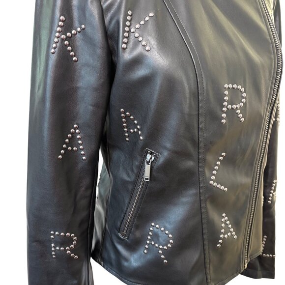 Karl Lagerfeld Paris Black Faux Leather Studded Moto Jacket Logo Detailing SizeS - Picture 9 of 16
